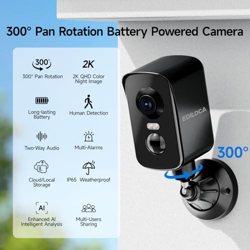 Ediloca Caméra Surveillance Exterieure 2K 3MP Noir AI & PIR Détection Noir (Batterie Rechargeable) Vision Nocturne Audio