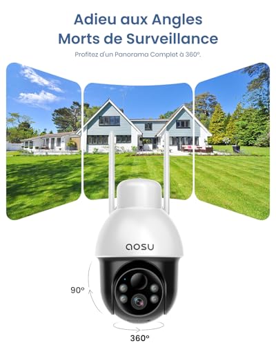 AOSU Caméra de Sécurité Exterieure 2K Wi-Fi 3MP Solaire 360° PTZVision Nocturne Alarme Audio Bidirectionnelle Lumineuse 