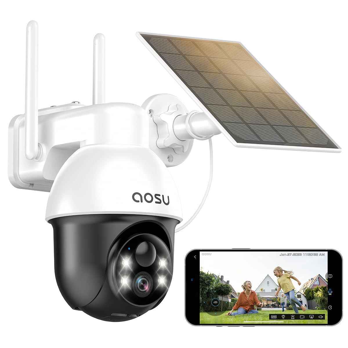 AOSU Caméra de Sécurité Exterieure 2K Wi-Fi 3MP Solaire 360° PTZVision Nocturne Alarme Audio Bidirectionnelle Lumineuse 