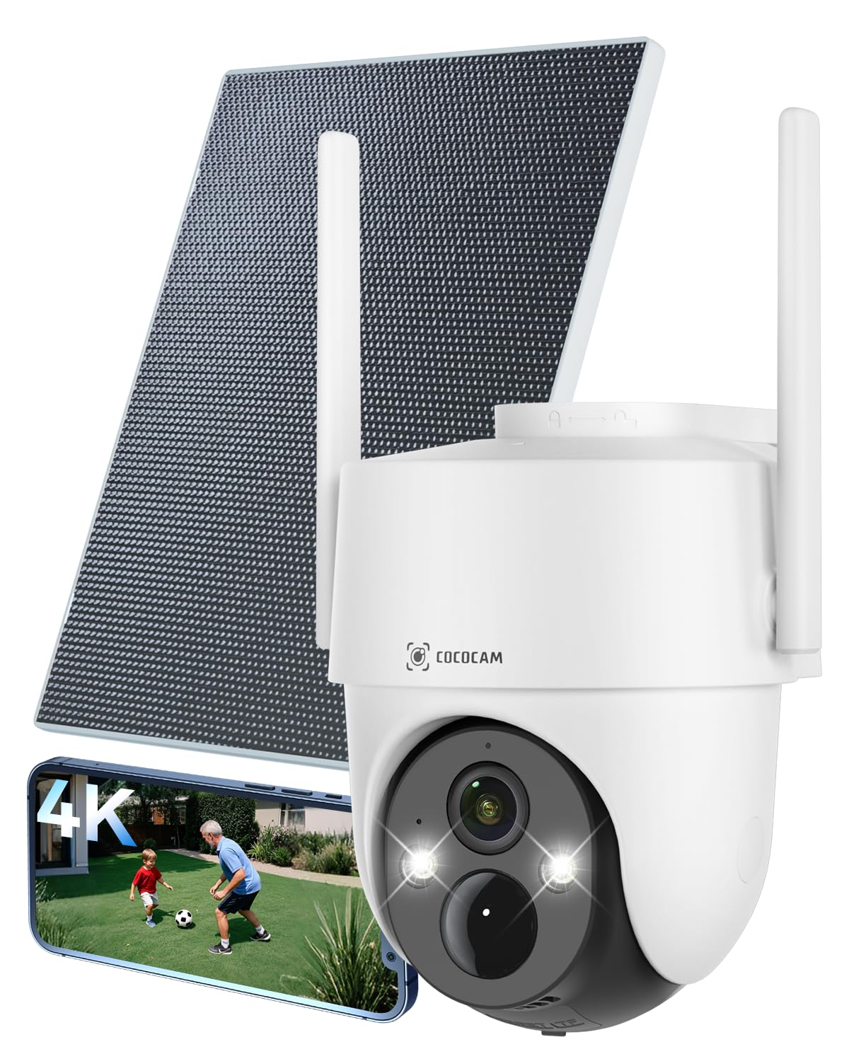 COCOCAM 4K 8MP Surveillance Exterieure sans Fil, Panneau Solaire 6W, Vision Nocturne 4K, Reconnaissance par IA, Détectio