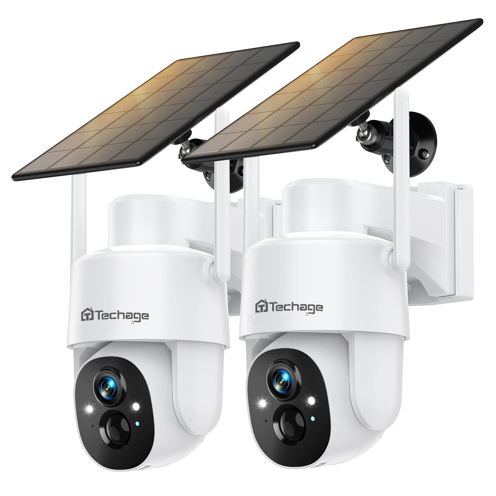 Caméras de sécurité solaires d'extérieur Lot de 2 sans fil 2K WiFi pour maison, caméra PTZ 360° PIR vision nocturne coul
